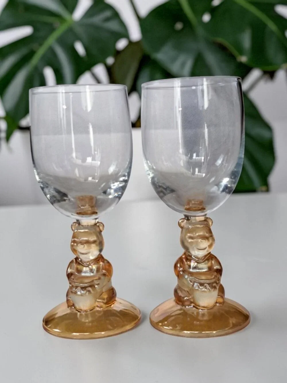 Vintage Lot Of 2 Disney 3D Winnie the Pooh Base Goblet Wine Glass Amber Stemware